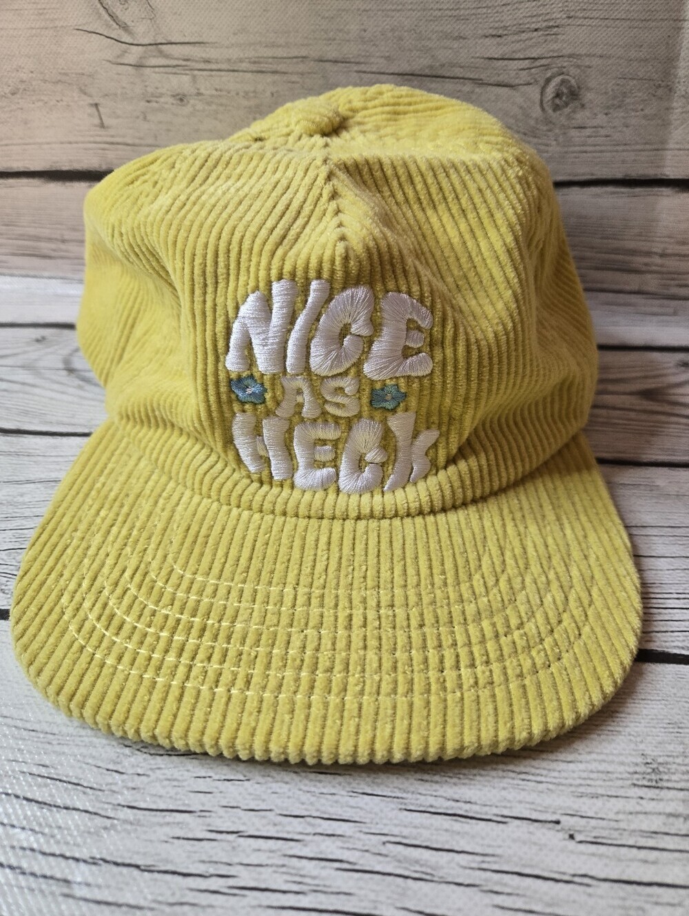 Nice As Heck Yellow Corduroy Hat Floral Embroidered Adjustable Cap